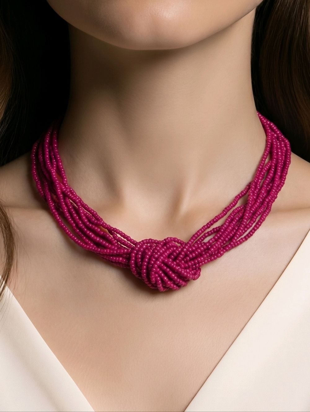 Hot Pink Beaded Necklace Chunky Bib Knot Collar Multi-strand Boho-Chic Jewelry